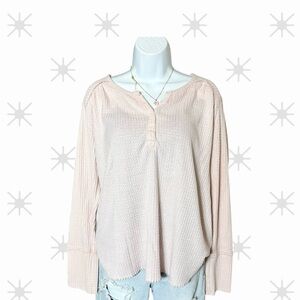 Anthropologie Waffle Knit Henley Size Large Blush Pink Long Sleeve Flowy Boho